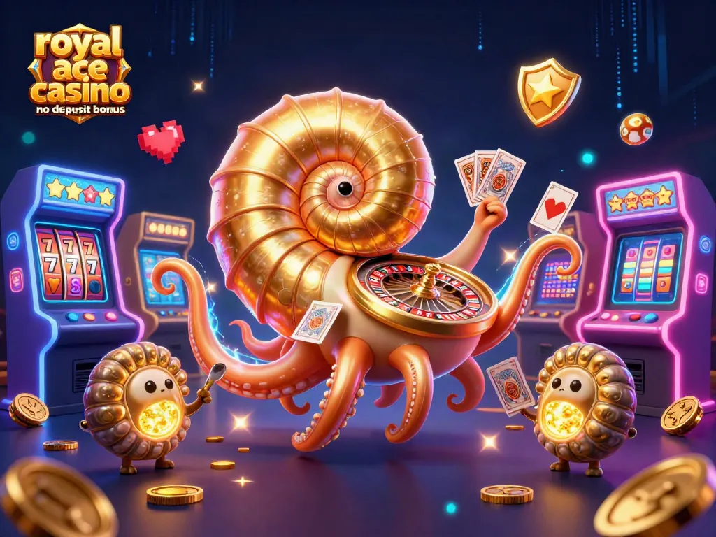 Engage with royal ace casino no deposit bonus in this vibrant 3D casino scene featuring a giant nautilus and glowing elements.