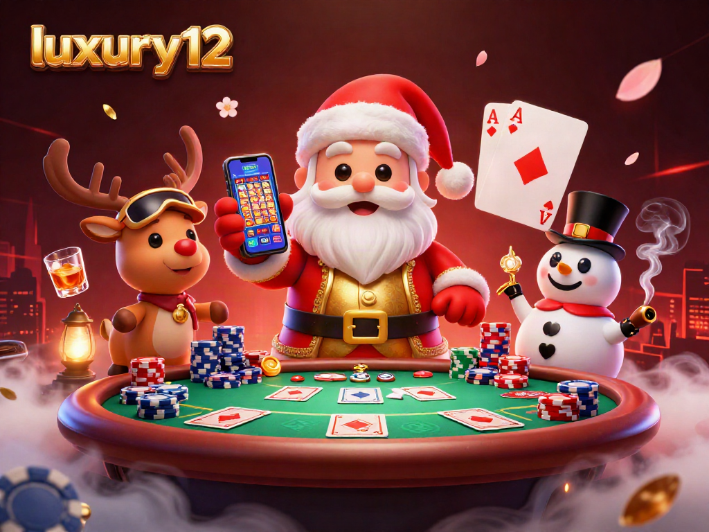 Experience luxury12 slots as Santa celebrates jackpots with poker chip snowman and reindeer dealer.