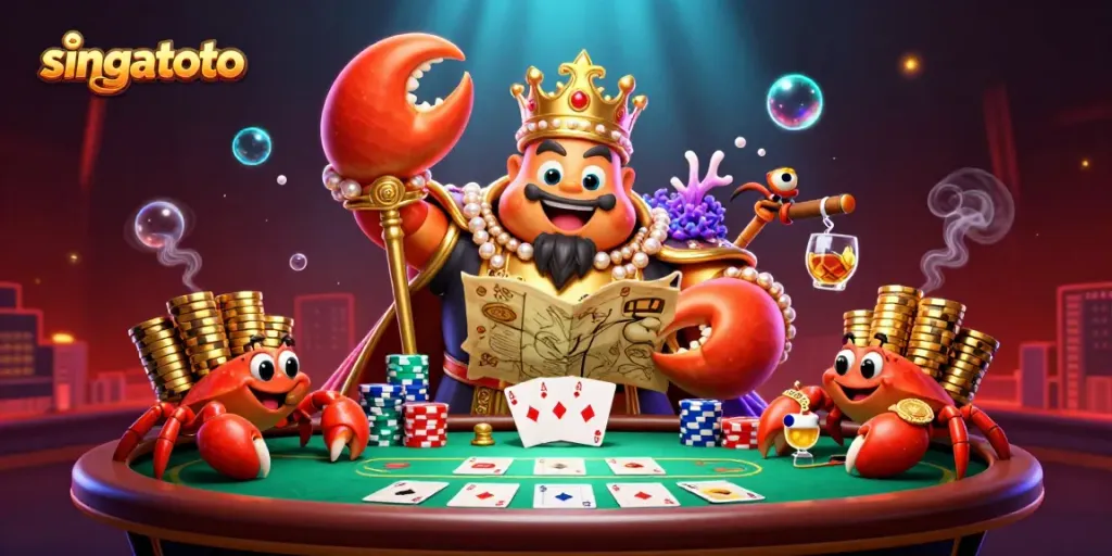 Engage in thrilling poker action with singatoto's dynamic golden crab emperor illustration.