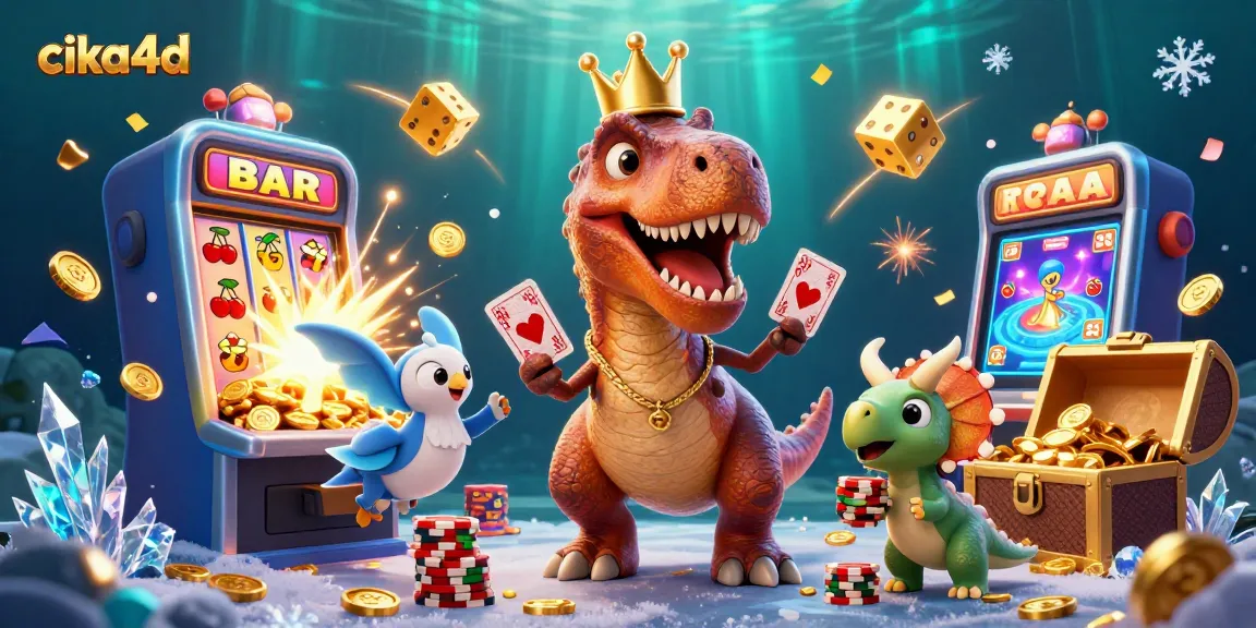 Engage with cika4d's vibrant casino scene featuring cartoon dinosaurs enjoying classic slots.