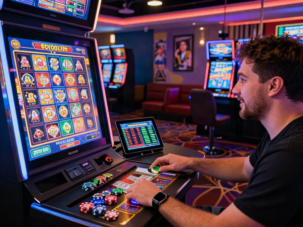 Exciting gambling scene with a player ready to spin a slot deposit 5k machine, vibrant casino atmosphere, glowing screens.