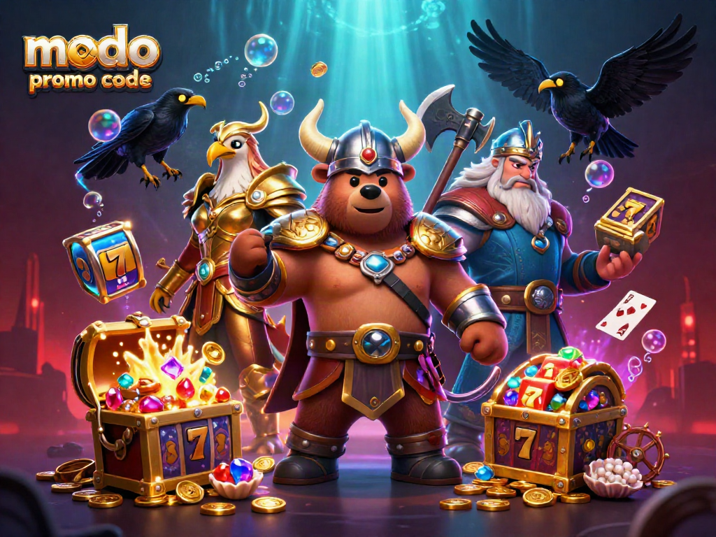 Experience excitement with modo casino promo code in a dynamic 3D casino scene featuring vibrant characters and slot games.