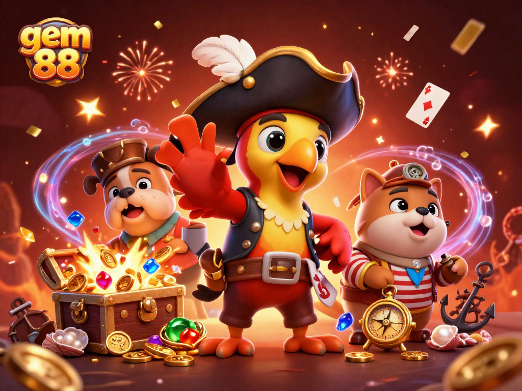 Engage in thrilling gameplay with gem 88 featuring a pirate captain, bulldog, and cat amidst slot reels.