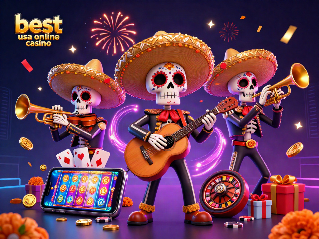 Experience the excitement at the best usa online casino with vibrant mariachi skeletons celebrating gaming.