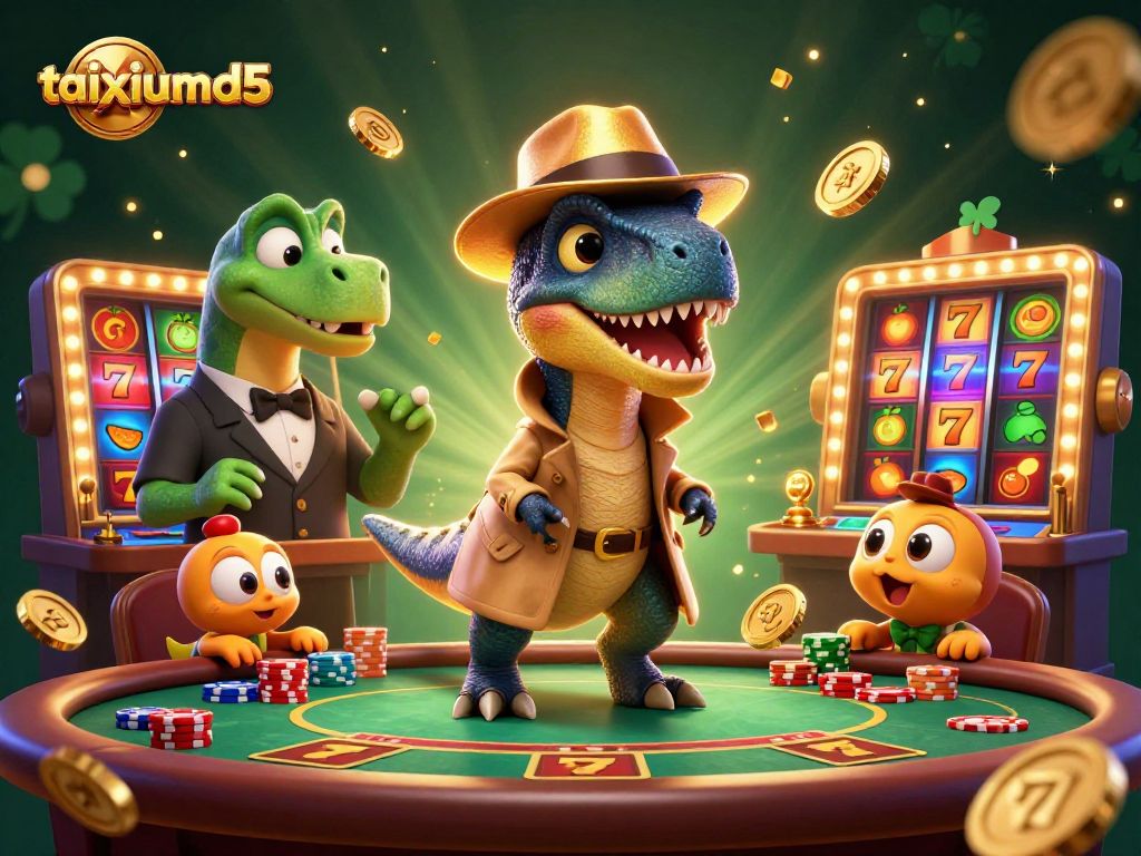 Thrive with taixiumd5 in a vibrant blackjack scene featuring animated dinosaurs and slot machines.