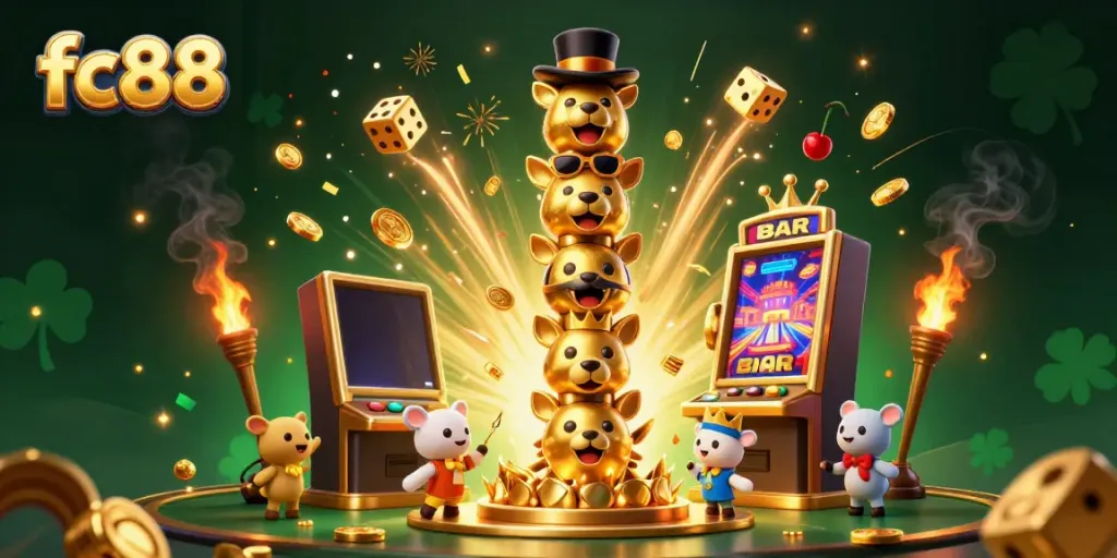 Engage with fc88's vibrant casino scene filled with golden graphics, including a totem pole and jackpot explosion.