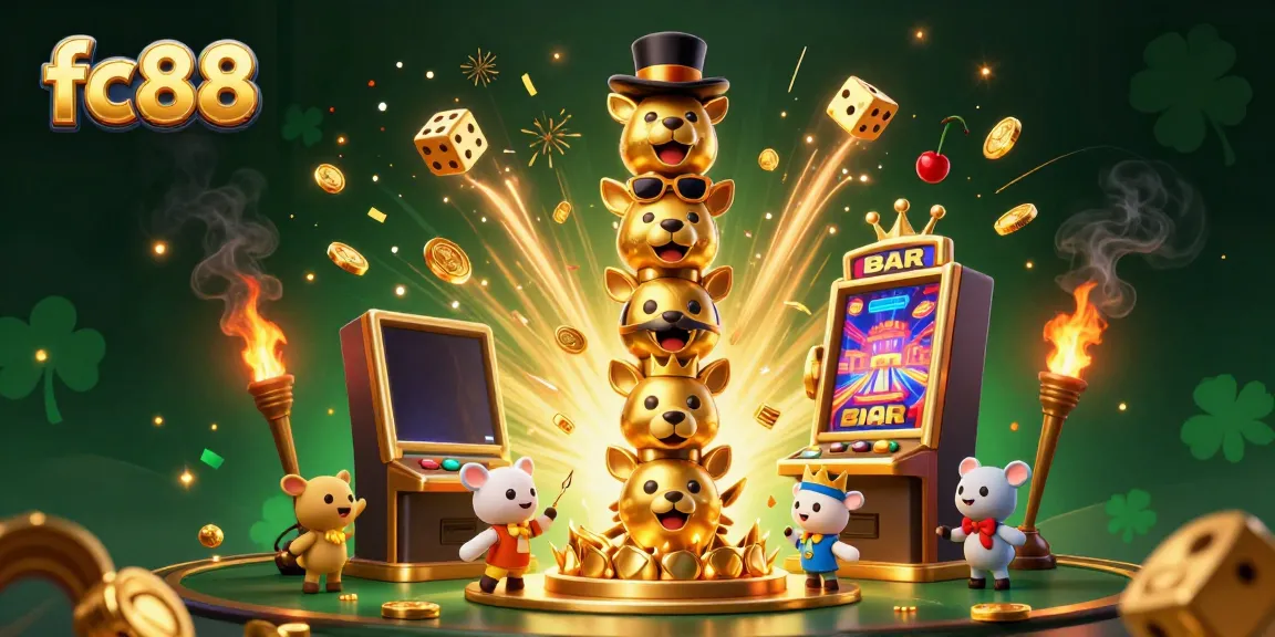 Engage with fc88's vibrant casino scene filled with golden graphics, including a totem pole and jackpot explosion.
