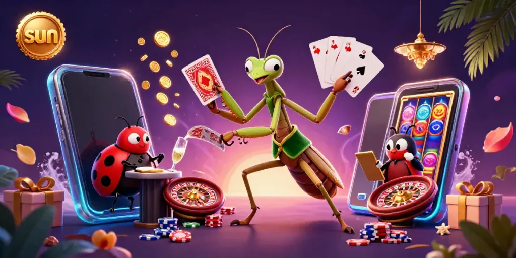 Engage in vibrant gaming action with sun-themed slot reels and cheerful casino characters.