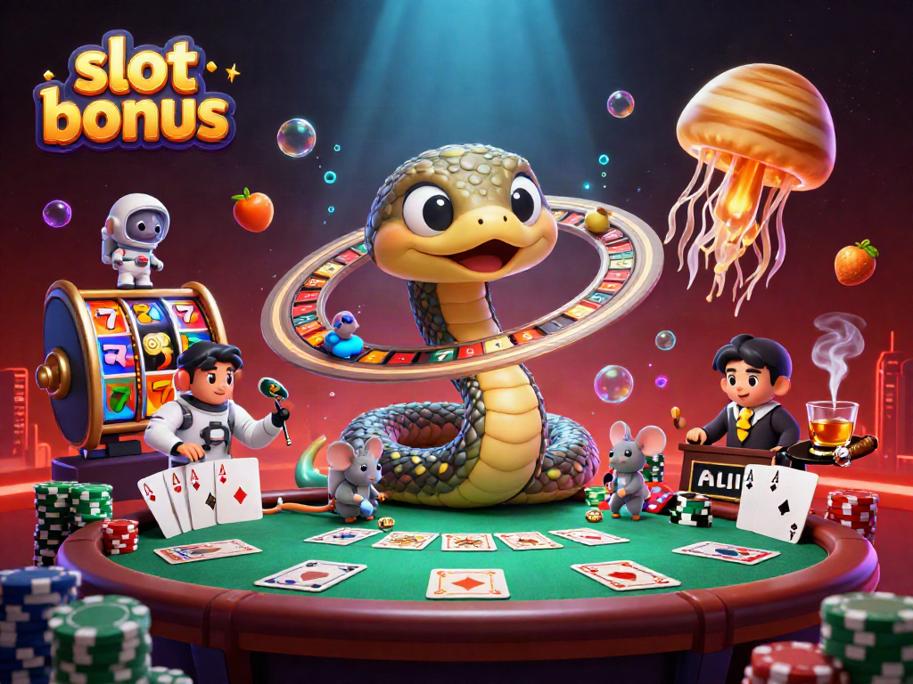Engaging scene of a slot bonus featuring a Saturn ring snake and astronaut mice, highlighting vibrant casino elements.