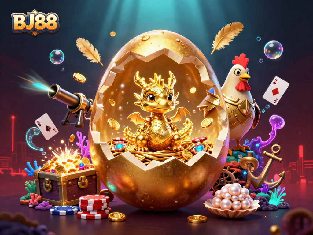 Play and win at BJ88 with a golden dragon guarding poker chips in a rich, vibrant casino scene.