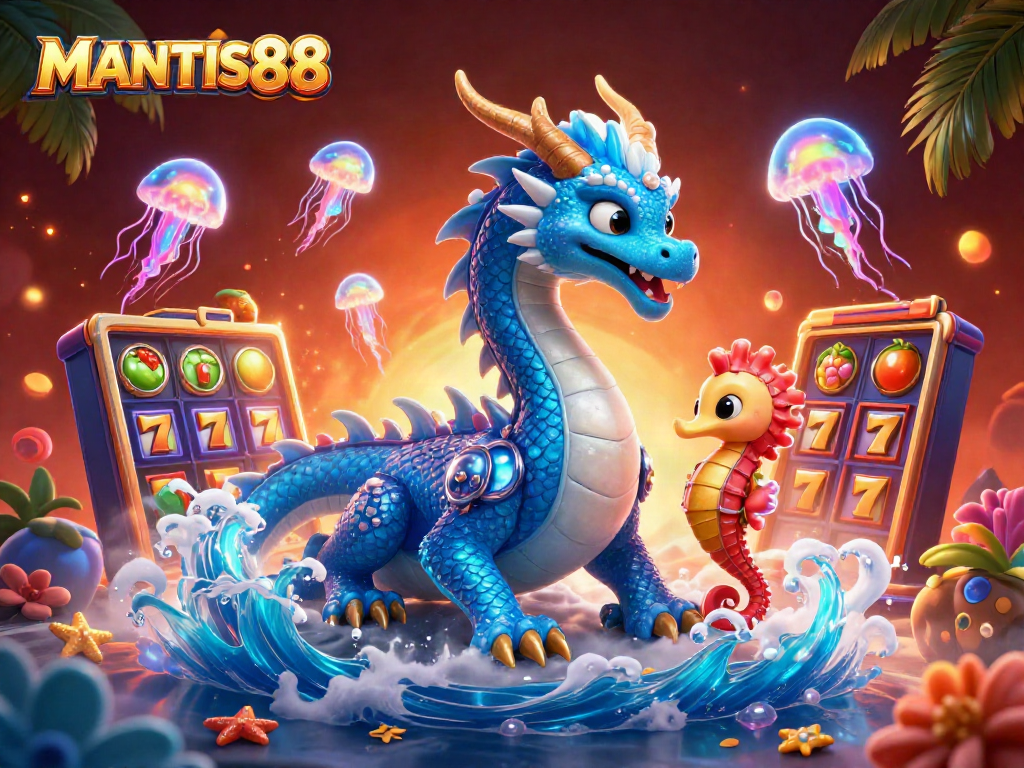 Play thrilling games at MANTIS88 with vibrant dragons and immersive slot elements surrounding them, creating an engaging casino atmosphere.