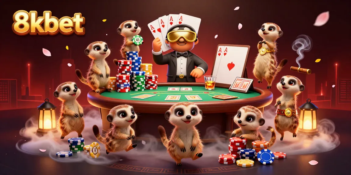 Experience excitement at 8kbet with meerkat dealers in a bustling casino scene.
