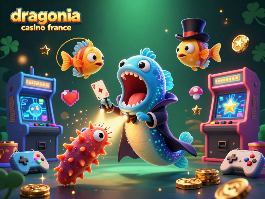 Dragonia Casino France, un poisson-lanterne à chapeau haut de forme éclaire un spectacle de magie sous-marin.