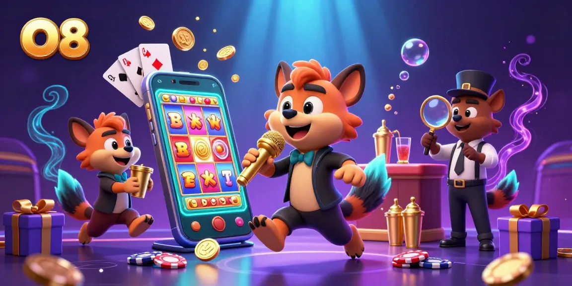 Engaging scene with O8 hyenas performing comedy in a casino setting, showcasing vibrant game elements.
