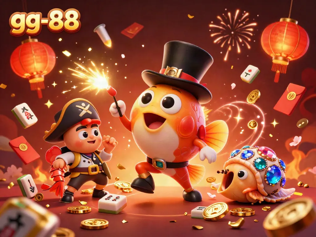 Engage with gg-88's vibrant gaming scene featuring a deep-sea anglerfish attracting gold coins amid festive decorations.