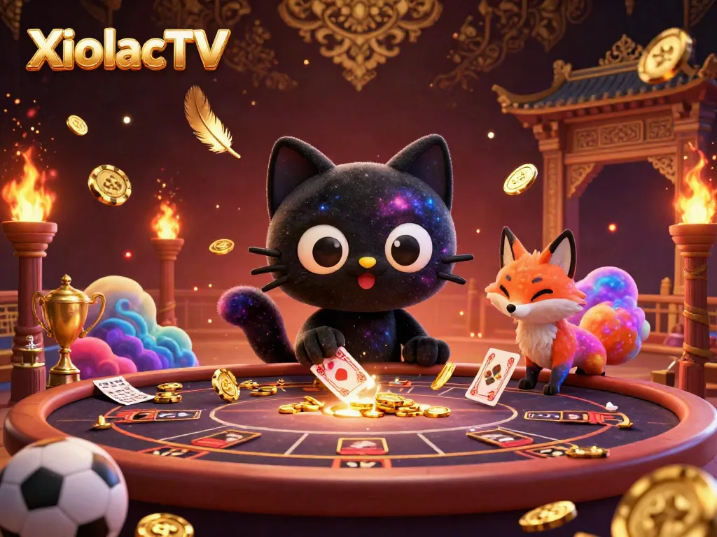 XoilacTV brings thrilling gambling excitement with a cosmic black hole cat and nebula fox in a vibrant casino scene.