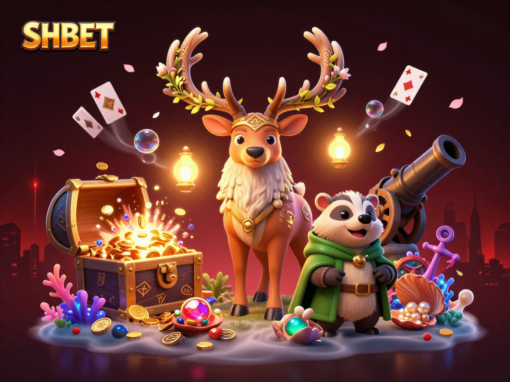 Play exciting games at SHBET with a 3D scene featuring engaging characters and dynamic casino elements.