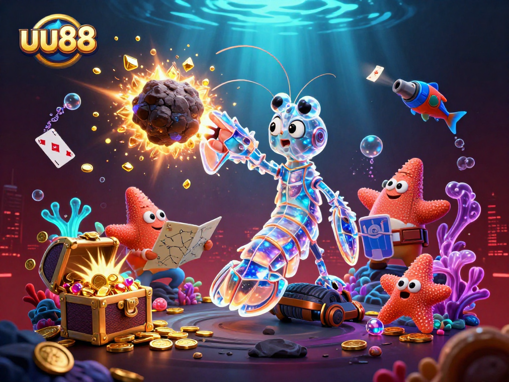 Experience thrilling gameplay with uu88's galactic samurai mantis shrimp amidst dazzling gems and casino-themed elements.