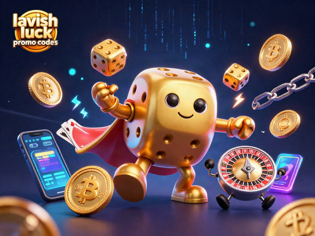 Engage with lavish luck promo codes while exploring a vibrant 3D casino scene featuring golden dice and crypto elements.