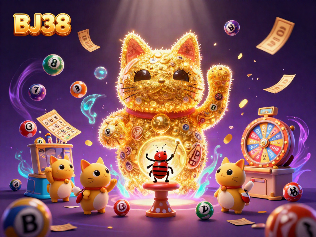 BJ38 celebrates wins with a lucky cat among vibrant casino elements and exciting prize features.