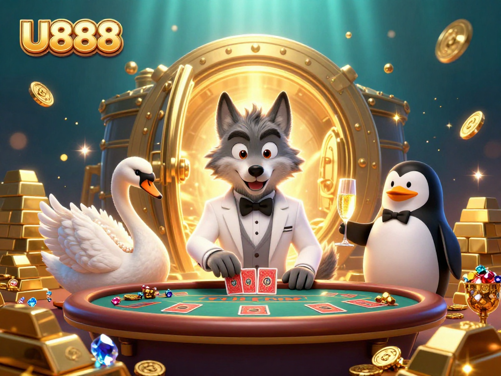 Join U888's captivating baccarat table where a debonair wolf, elegant swan, and penguin sommelier celebrate winnings.