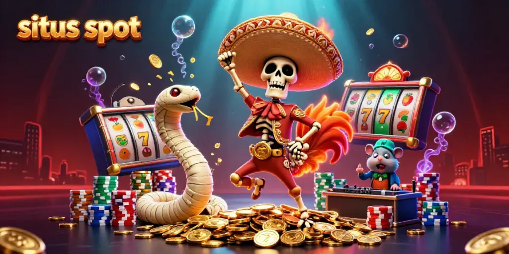 Exciting scene showcasing situs slot characters celebrating with slot reels and gold coins, perfect for online gaming.