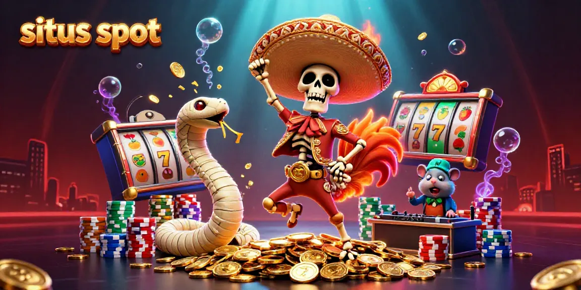 Exciting scene showcasing situs slot characters celebrating with slot reels and gold coins, perfect for online gaming.