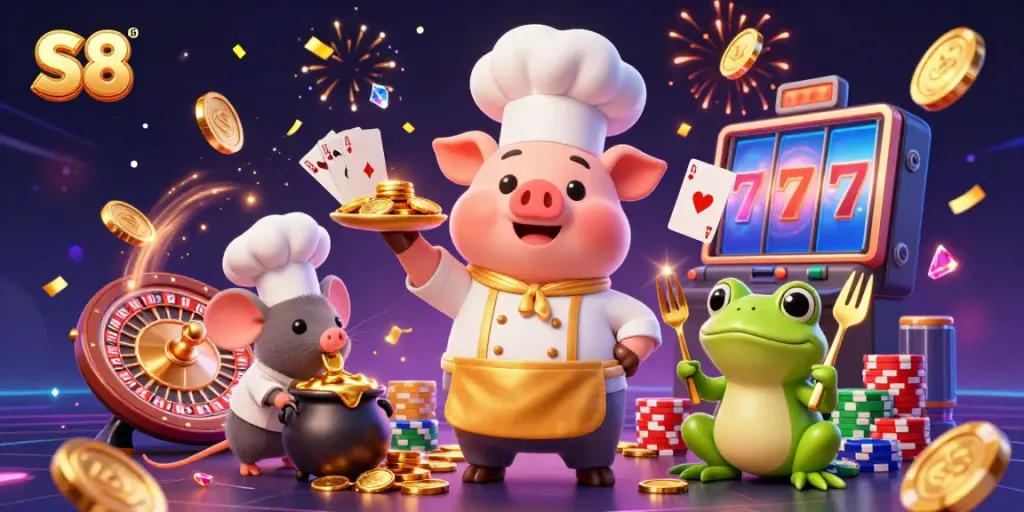 S8 chef pig presents gold coins in a vibrant casino scene featuring roulette and poker elements.
