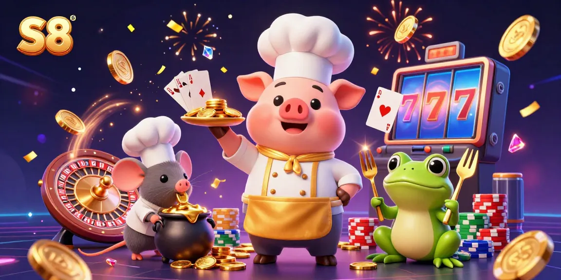 S8 chef pig presents gold coins in a vibrant casino scene featuring roulette and poker elements.