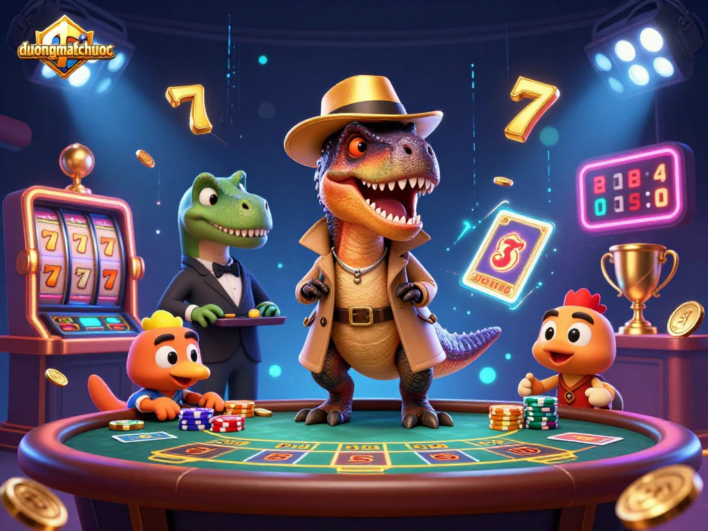 Experience duongmatchuoc's vibrant casino scene with a velociraptor card counter sneaking chips in a lavish environment.