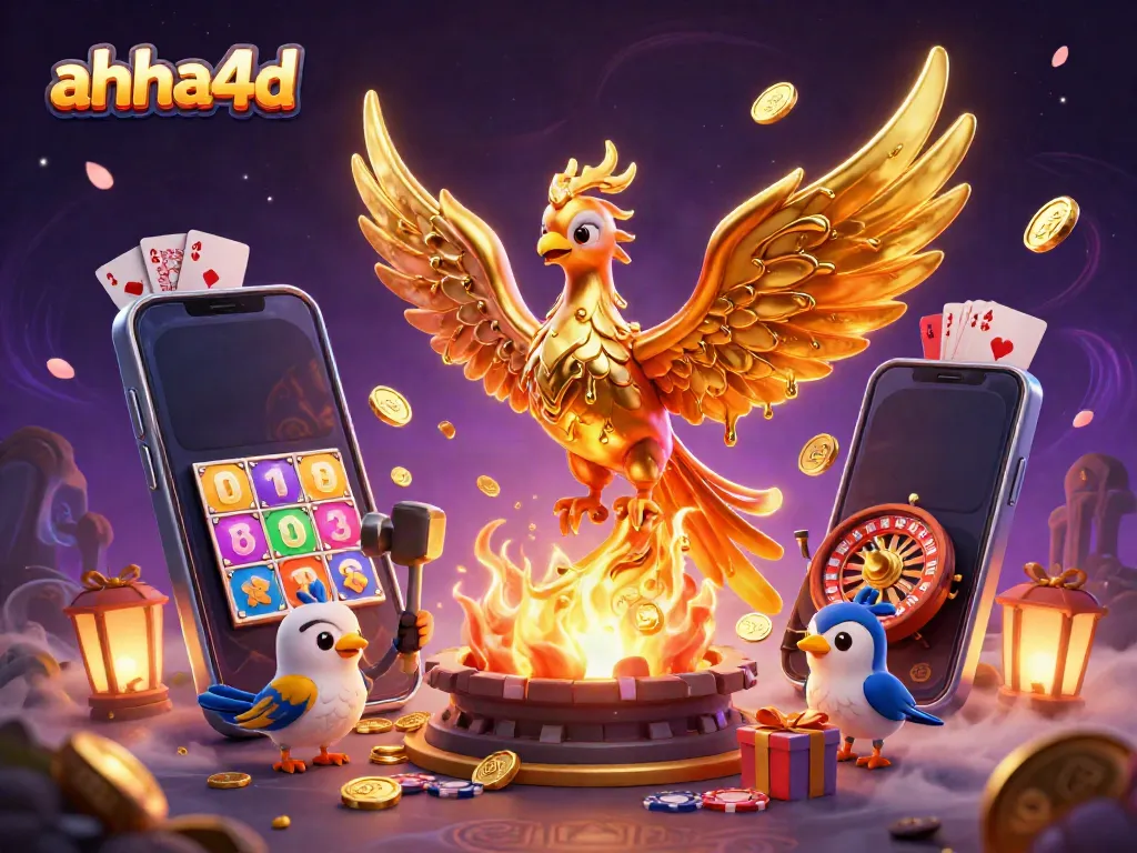 Win big with ahha4d's online lottery experience featuring a golden phoenix and vibrant gaming elements.