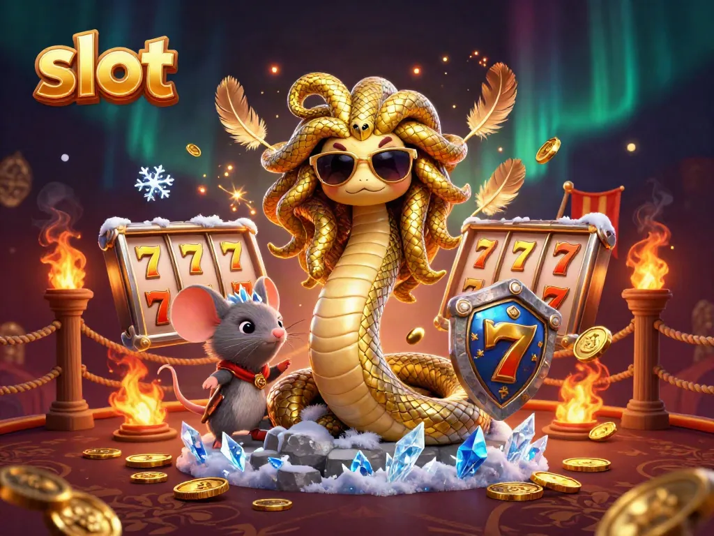 Engage in thrilling slot action with Medusa and a warrior mouse surrounded by vibrant casino elements.
