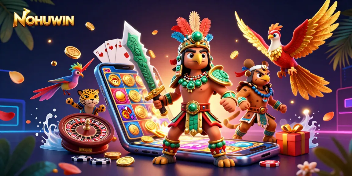 Experience the thrill of NOHUWIN with Aztec warriors, vibrant slot games, and dynamic casino elements.