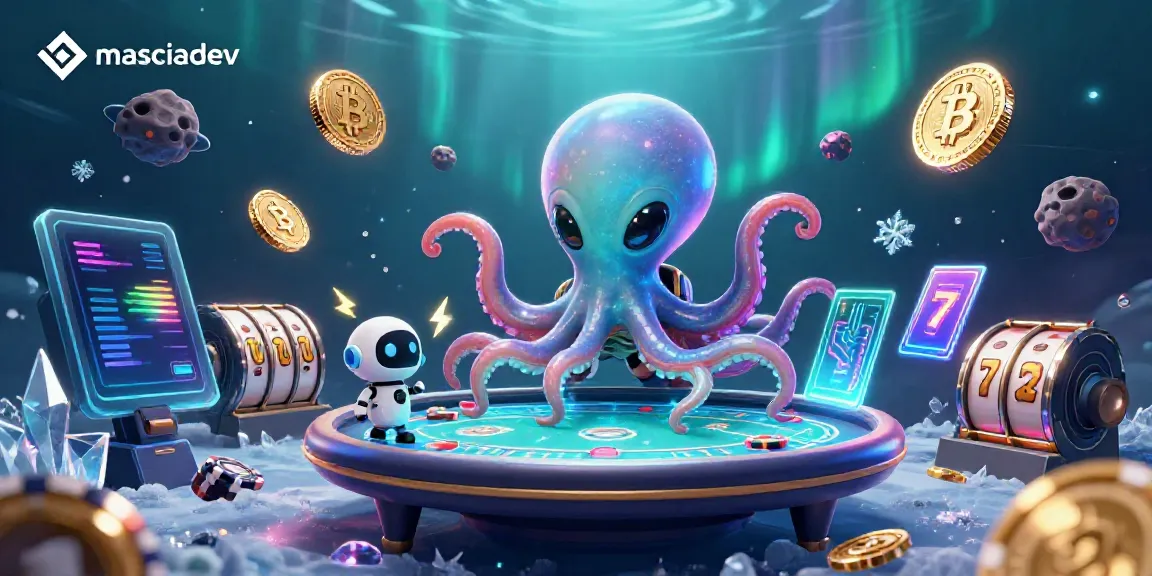 Engage in thrilling gameplay with masciadev's eccentric alien octopus and vibrant crypto elements around a holographic poker table.