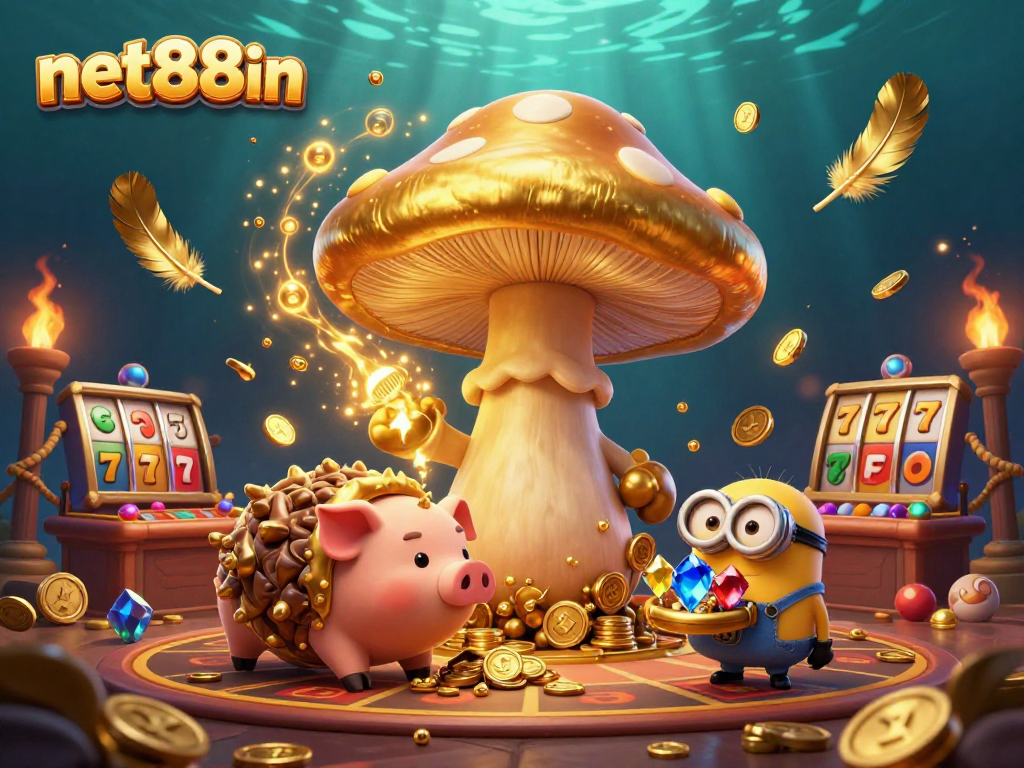 Experience the thrill of net88in with a magical casino scene featuring golden mushroom wizard and treasures.