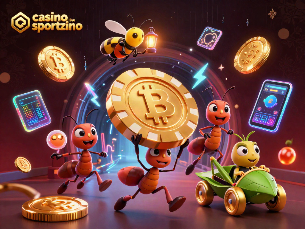 Engage in thrilling gameplay at a casino like Sportzino with ants and crypto symbols.