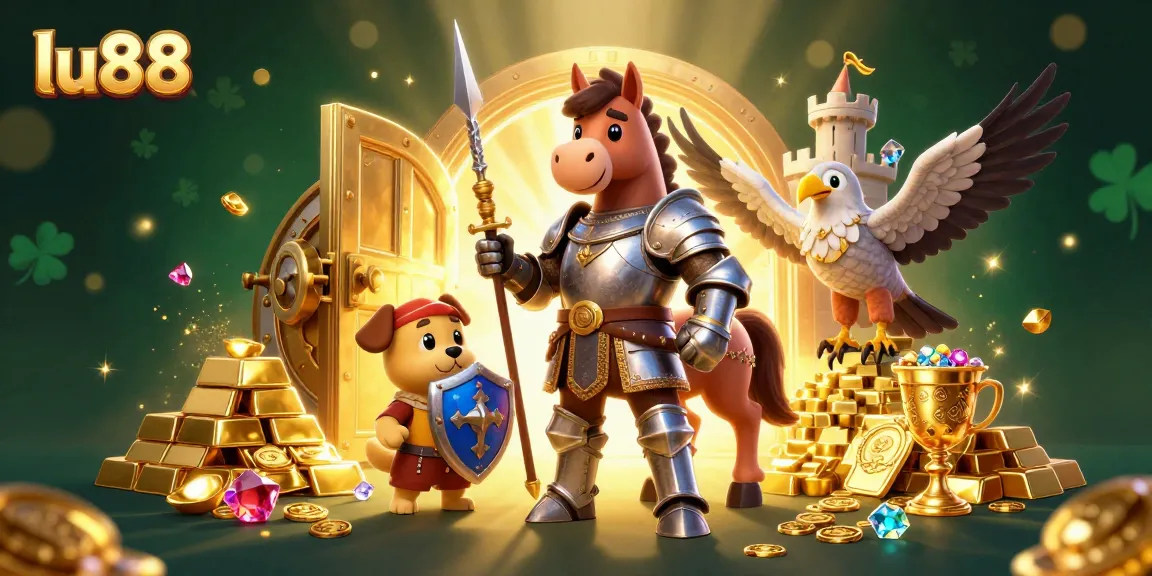 Experience the excitement of lu88 as a knight, puppy, and falcon celebrate treasures at a lively casino.
