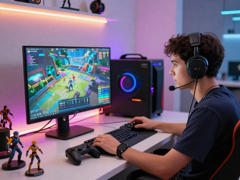 Pengalaman bermain game digital di slot7000, penggemar muda menggunakan headset dengan monitor besar dan perangkat gaming.