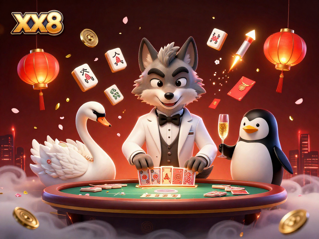 XX8 casino scene featuring a wolf, swan, and penguin celebrating big wins.