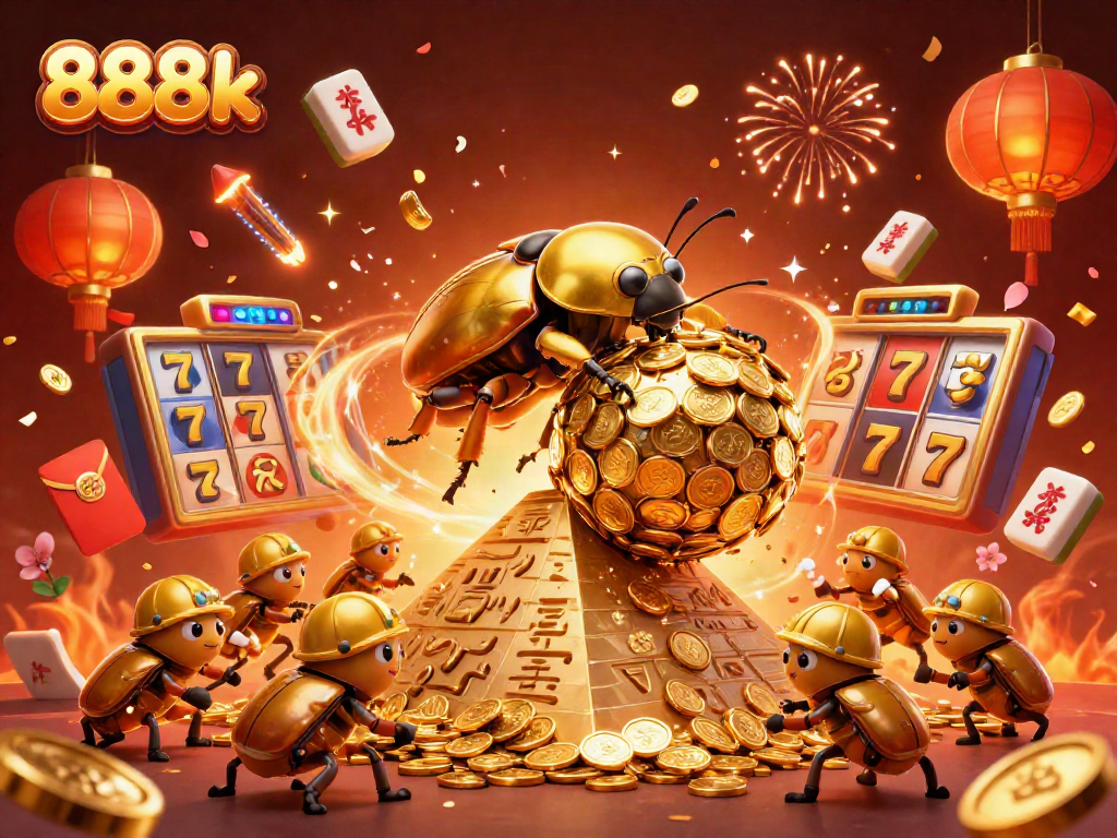 Experience the thrill of 888k casino slots as the golden dung beetle conquers a coin pyramid.