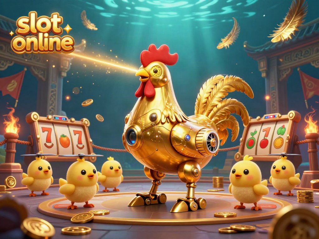 Experience thrilling gameplay with the energetic scene of slot online featuring a golden rooster robot and baby chick drones.