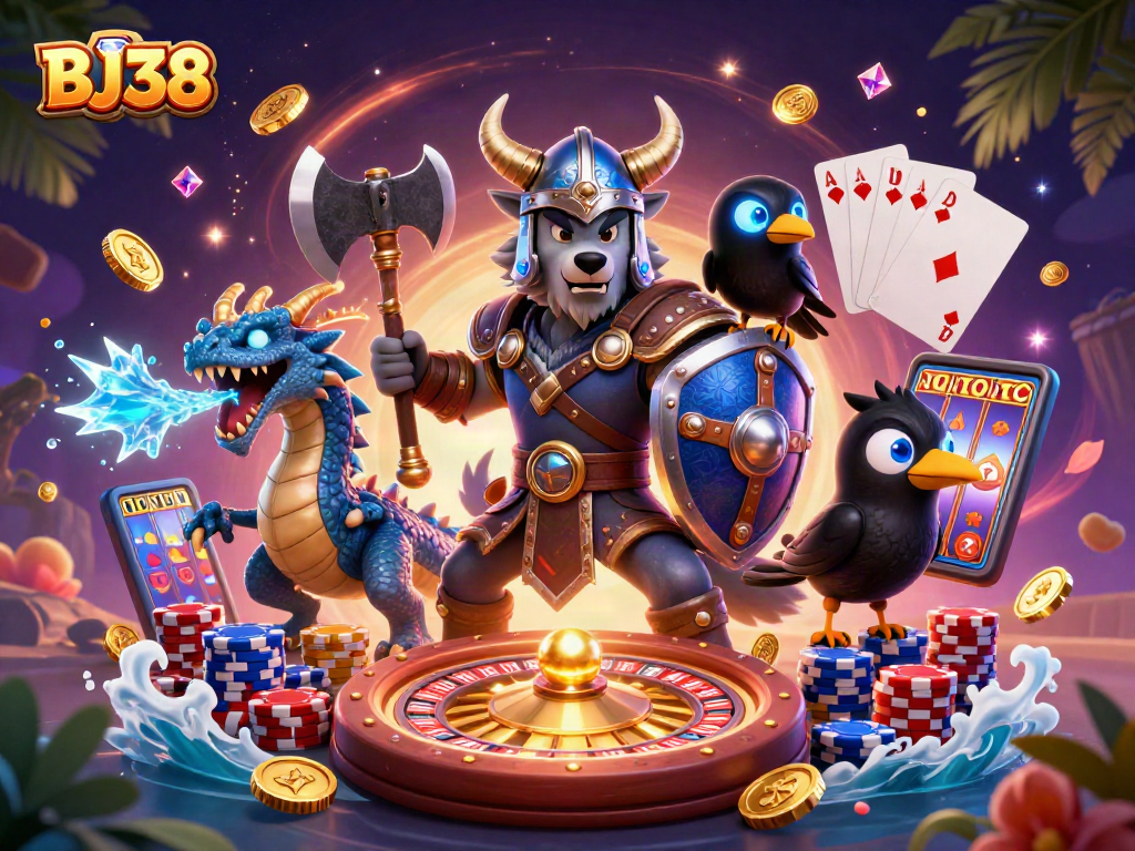 Spinning roulette and vibrant characters celebrate BJ38's casino adventure, showcasing luck and strategy.