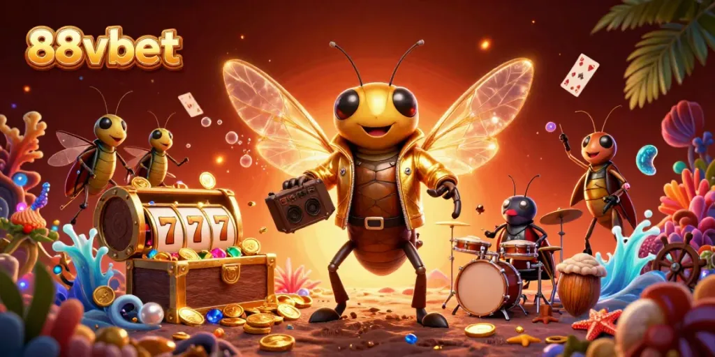 Engage with 88vbet’s exciting gaming experience in this vibrant scene featuring a rock star cicada and dynamic casino elements.