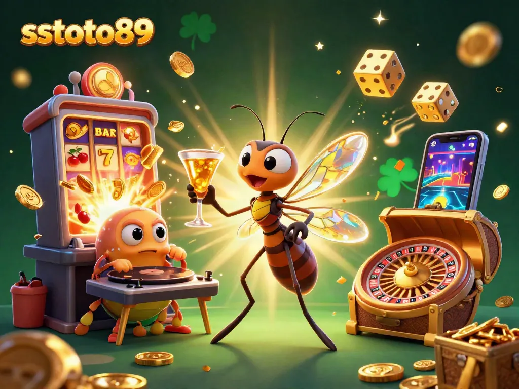 Gambarkan sstoto89 dengan karakter kasino 3D berkilauan dan mesin slot penuh koin emas.