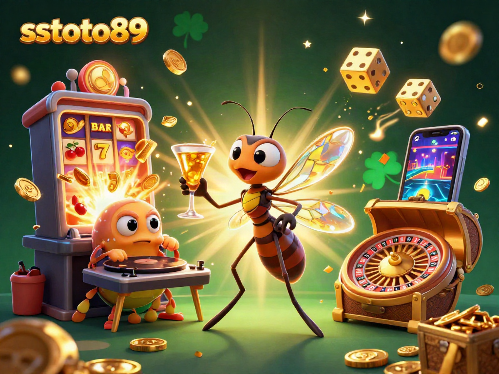 Gambarkan sstoto89 dengan karakter kasino 3D berkilauan dan mesin slot penuh koin emas.
