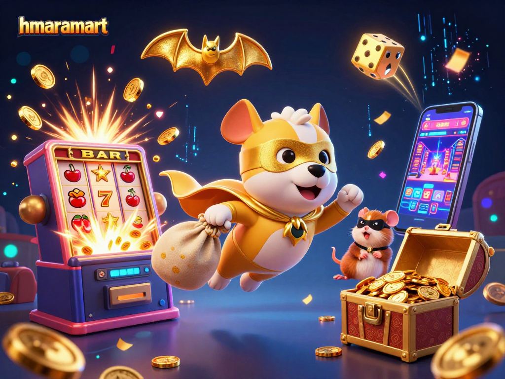 Experience thrilling entertainment at hmaramart with our dynamic 3D superhero cartoon scene featuring slots, gold coins, and exciting casino elements.