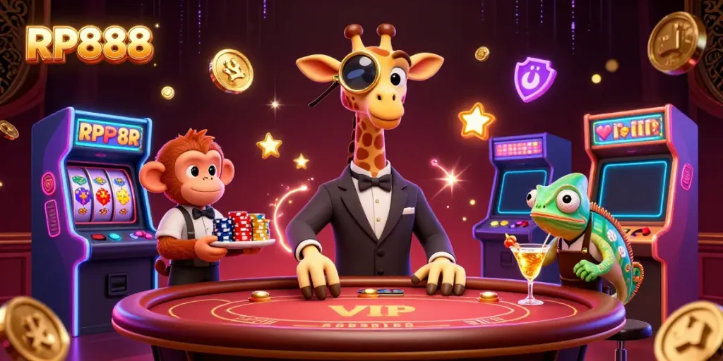 Experience the thrill of RP888 with a high-roller giraffe, a monkey valet, and vibrant casino games.