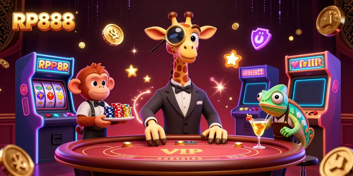 Experience the thrill of RP888 with a high-roller giraffe, a monkey valet, and vibrant casino games.