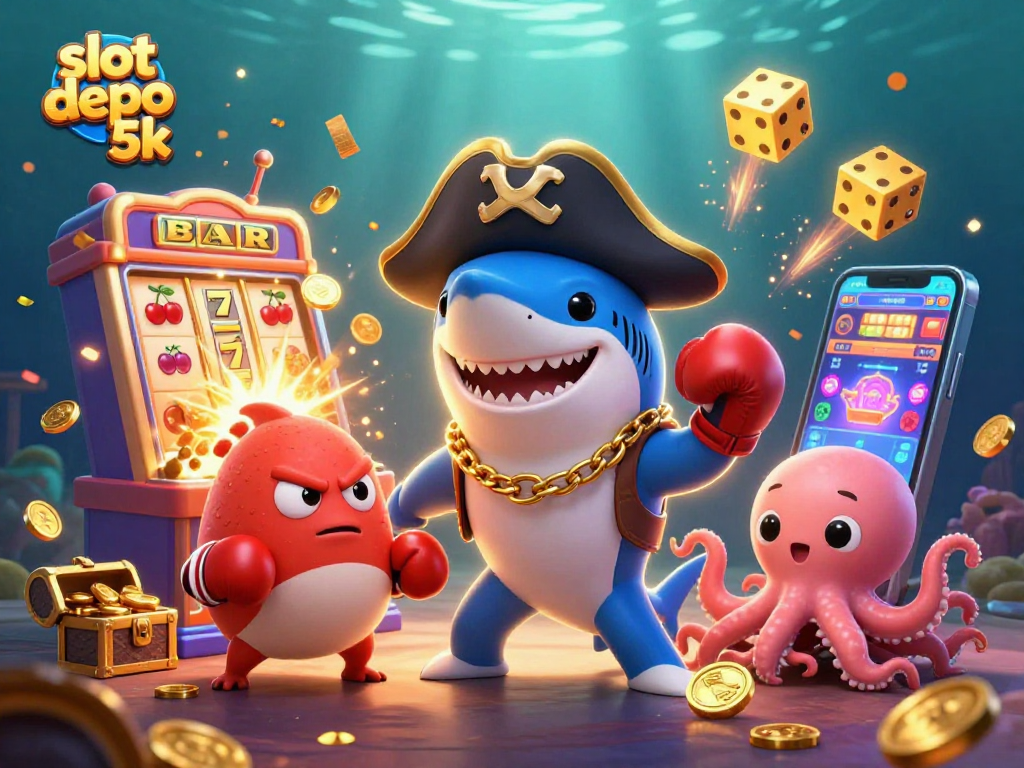Play slot depo 5k with vibrant characters, jackpot symbols, and golden treasures in a dynamic casino scene.