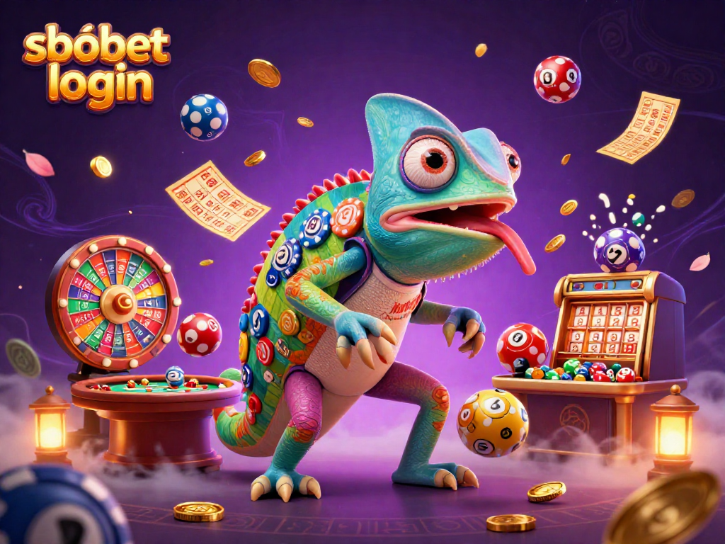 Engage with sbobet login as colorful lottery elements surround a dynamic casino scene filled with fun.